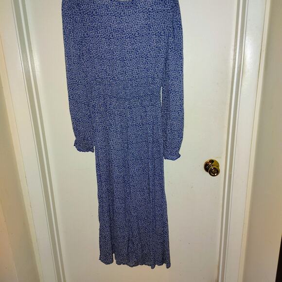 Smocked Blue Maxi Dress with White Floral Print & Side Slits – Kancy Kole, Sz SM - Picture 2 of 11